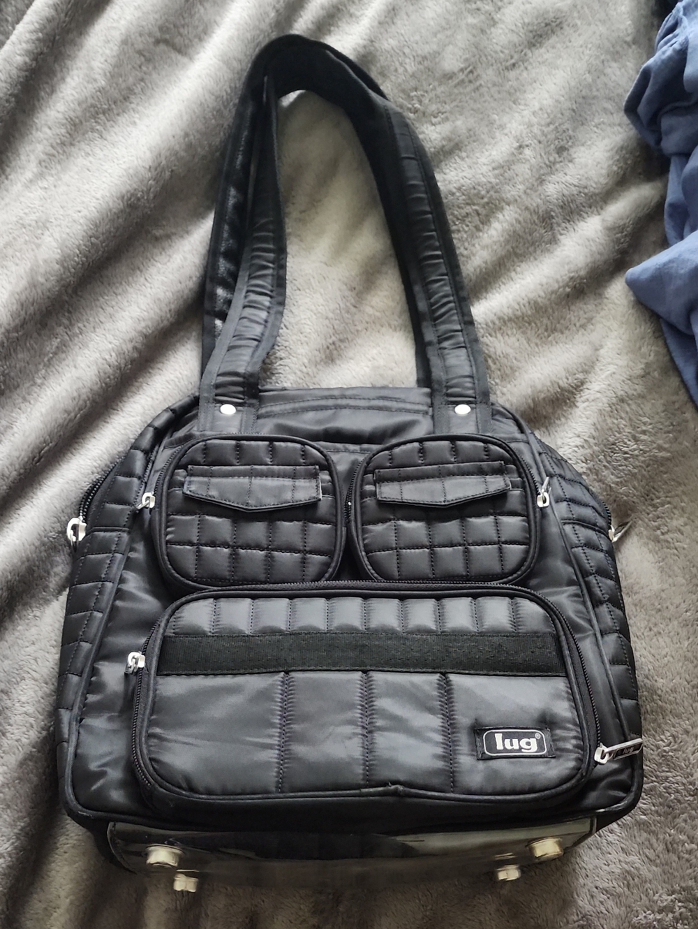 lug Quilted Black Tote with Front Pockets. Mini Puddle Jumper.